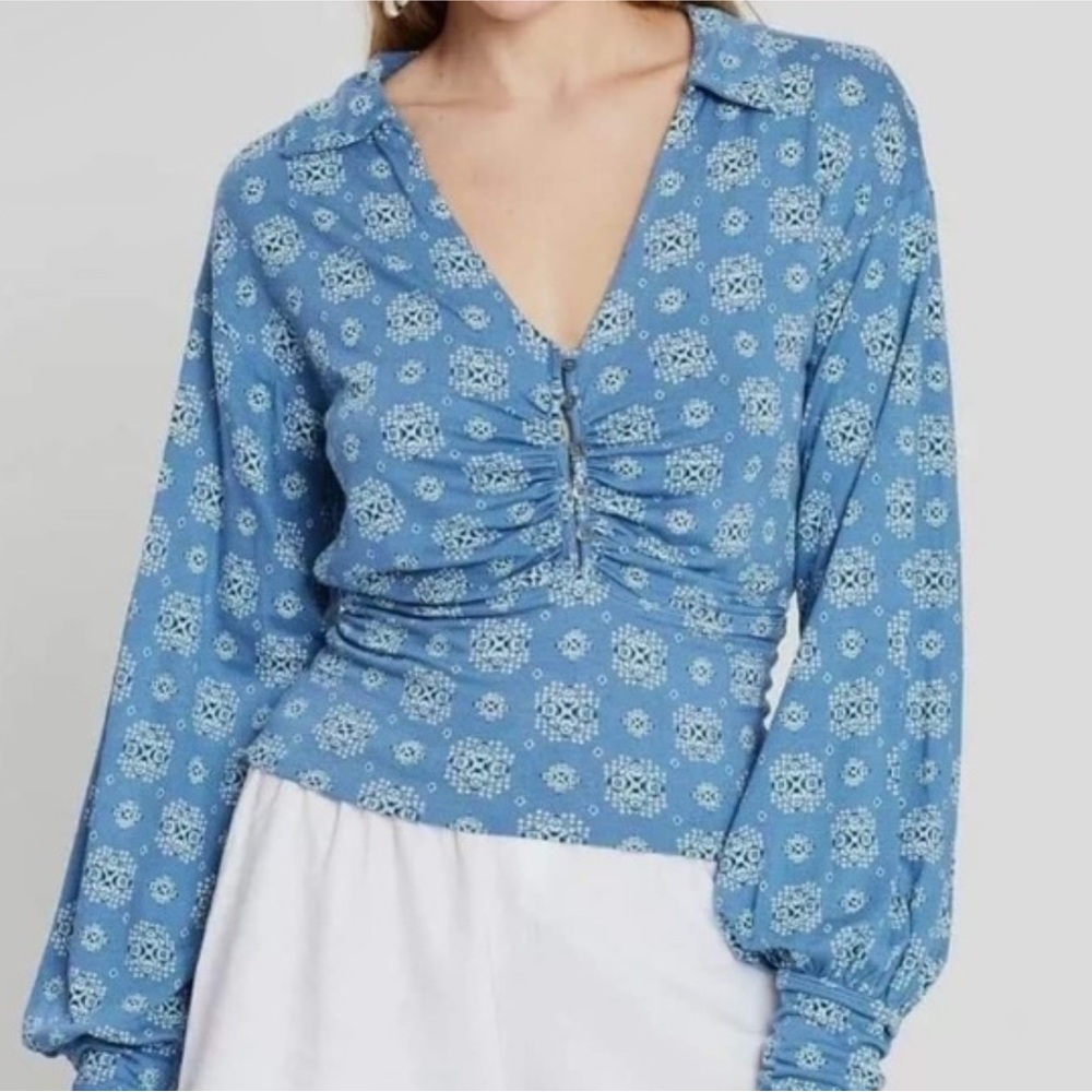 Free People Sydney Print Top Blue Floral Ruched Blouse Size‎ M